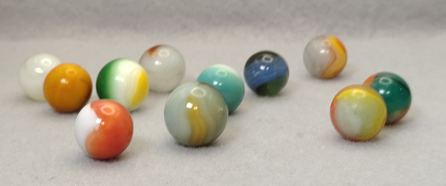 11pk Vitro Agate Marbles w/Retro Colors, some sea tumbled (5/8-0.70") NM- to NM+