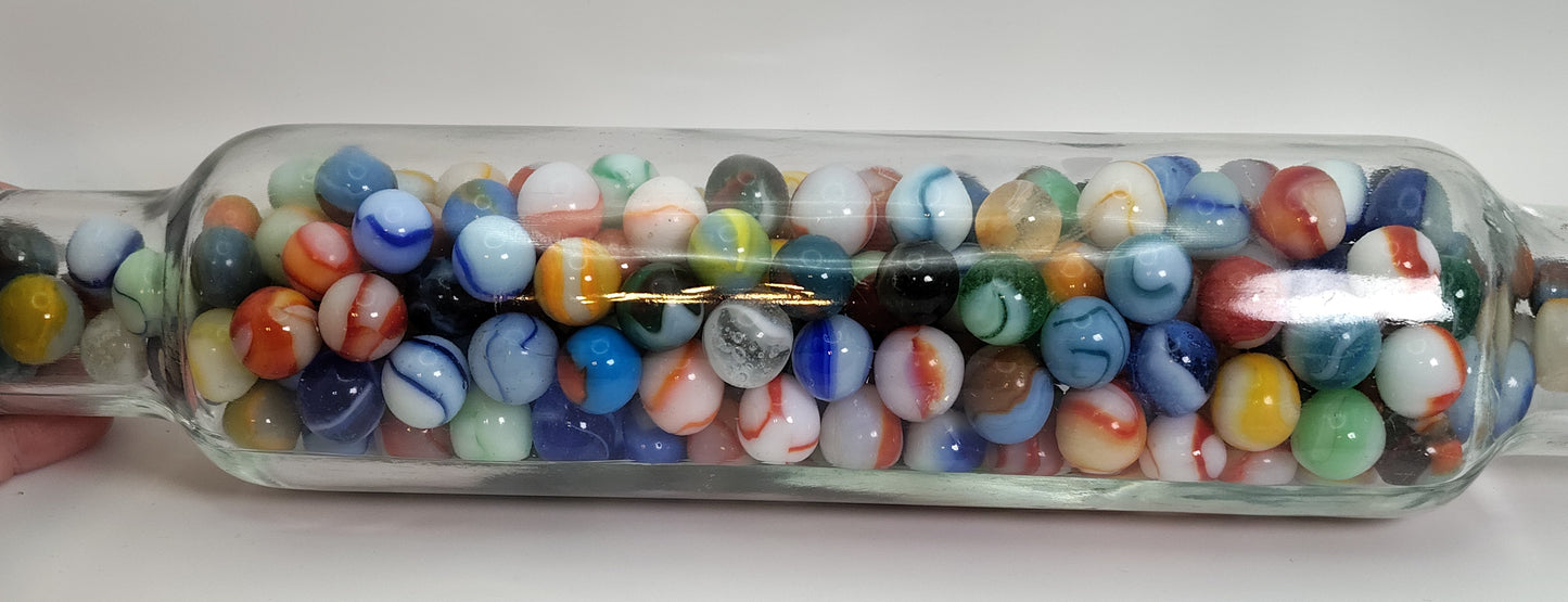 Almost 2.5lbs - ALL PELTIER RAINBO marbles in vintage glass rolling pin NM-M