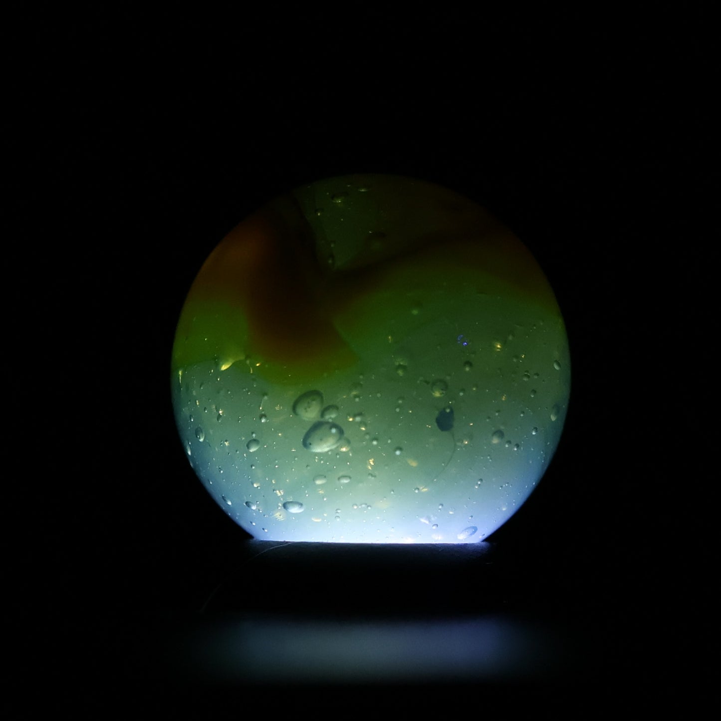 5/8" Vintage Peltier Rainbo Marble Translucent Green w/yellow & Black Ribbons NM++