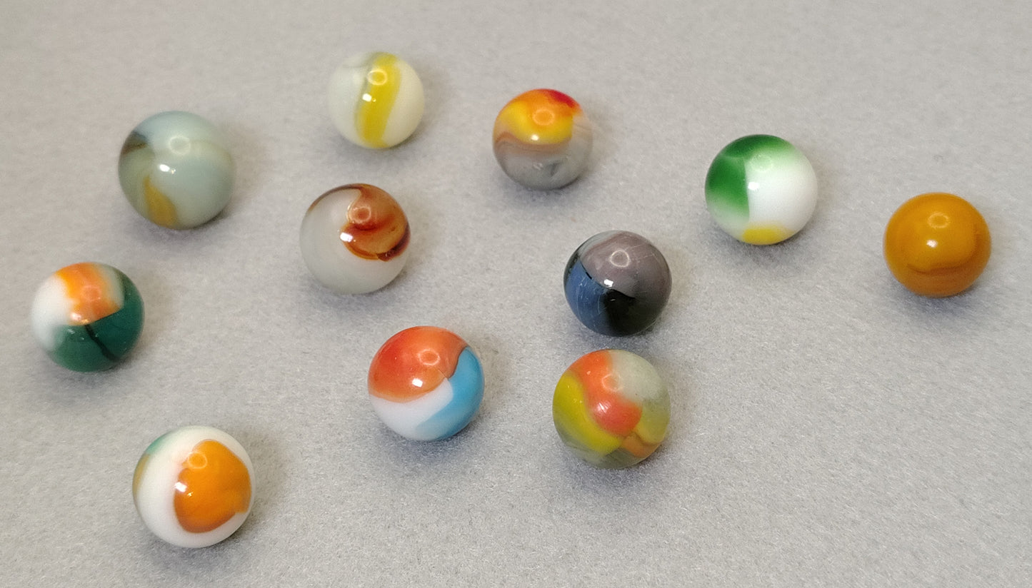 11pk Vitro Agate Marbles w/Retro Colors, some sea tumbled (5/8-0.70") NM- to NM+