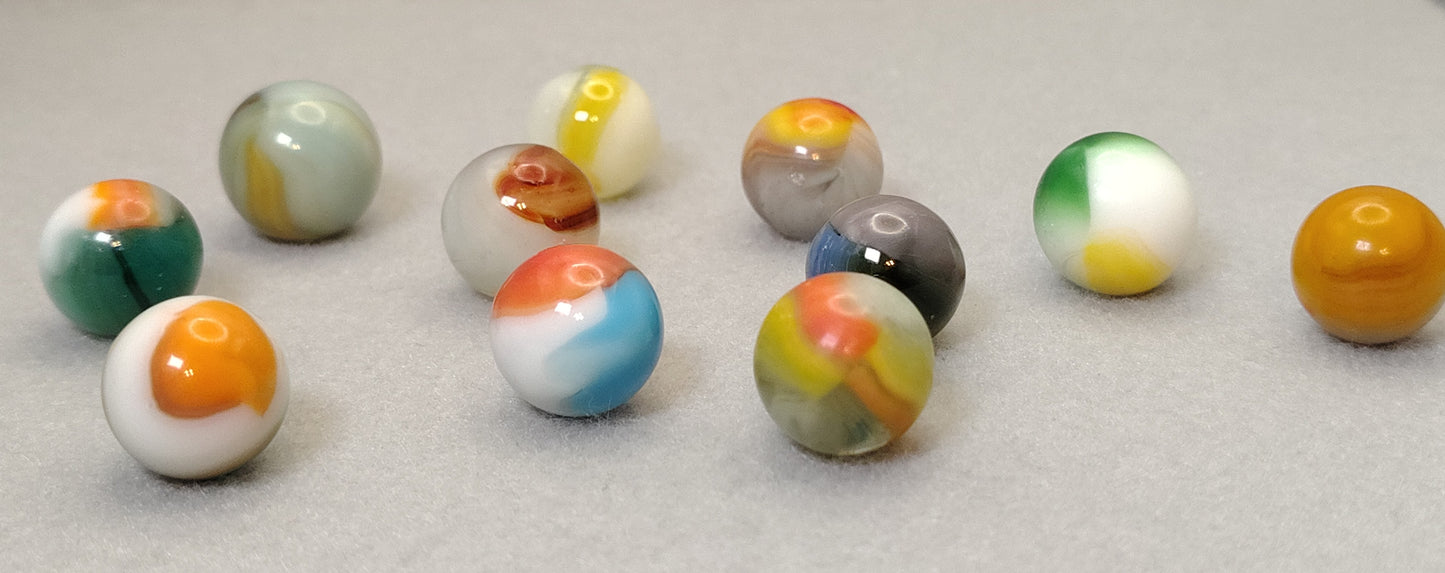 11pk Vitro Agate Marbles w/Retro Colors, some sea tumbled (5/8-0.70") NM- to NM+