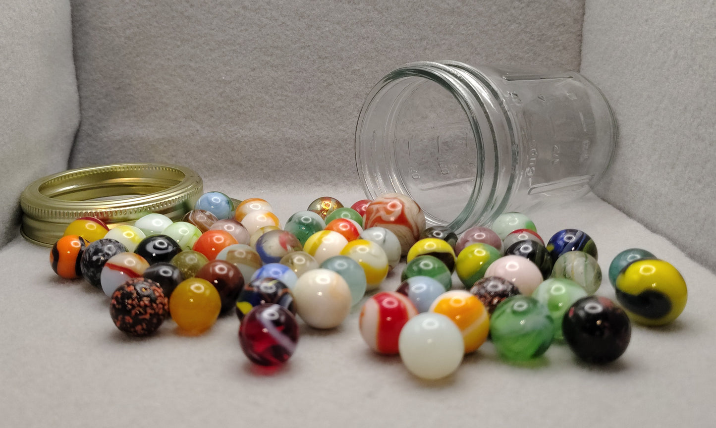 ~60 Vintage Marbles in a jelly jar see desc for makers NM-M