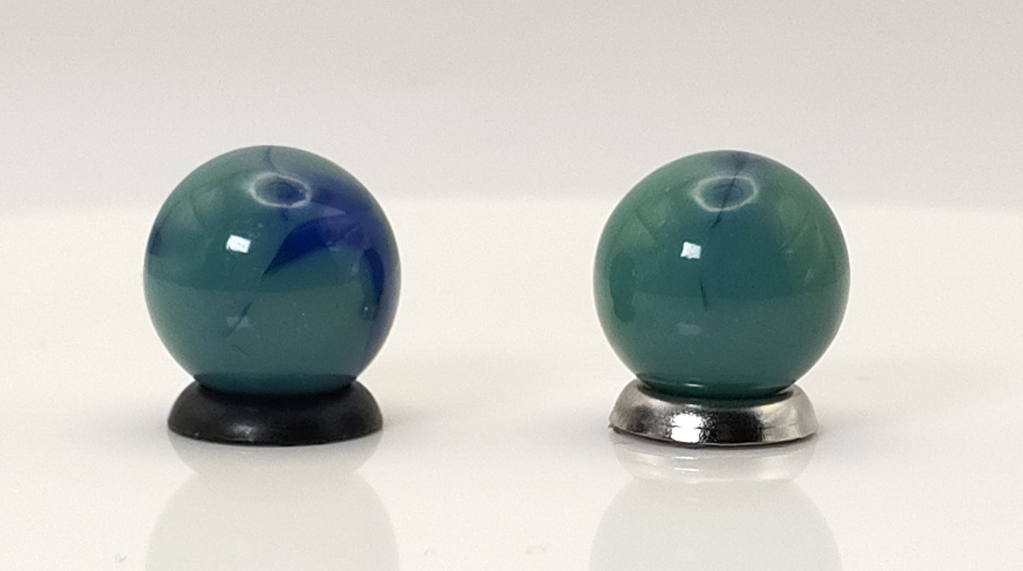 5/8" 2pk green/ blue swirl Marbles - Ravenswood? NM+