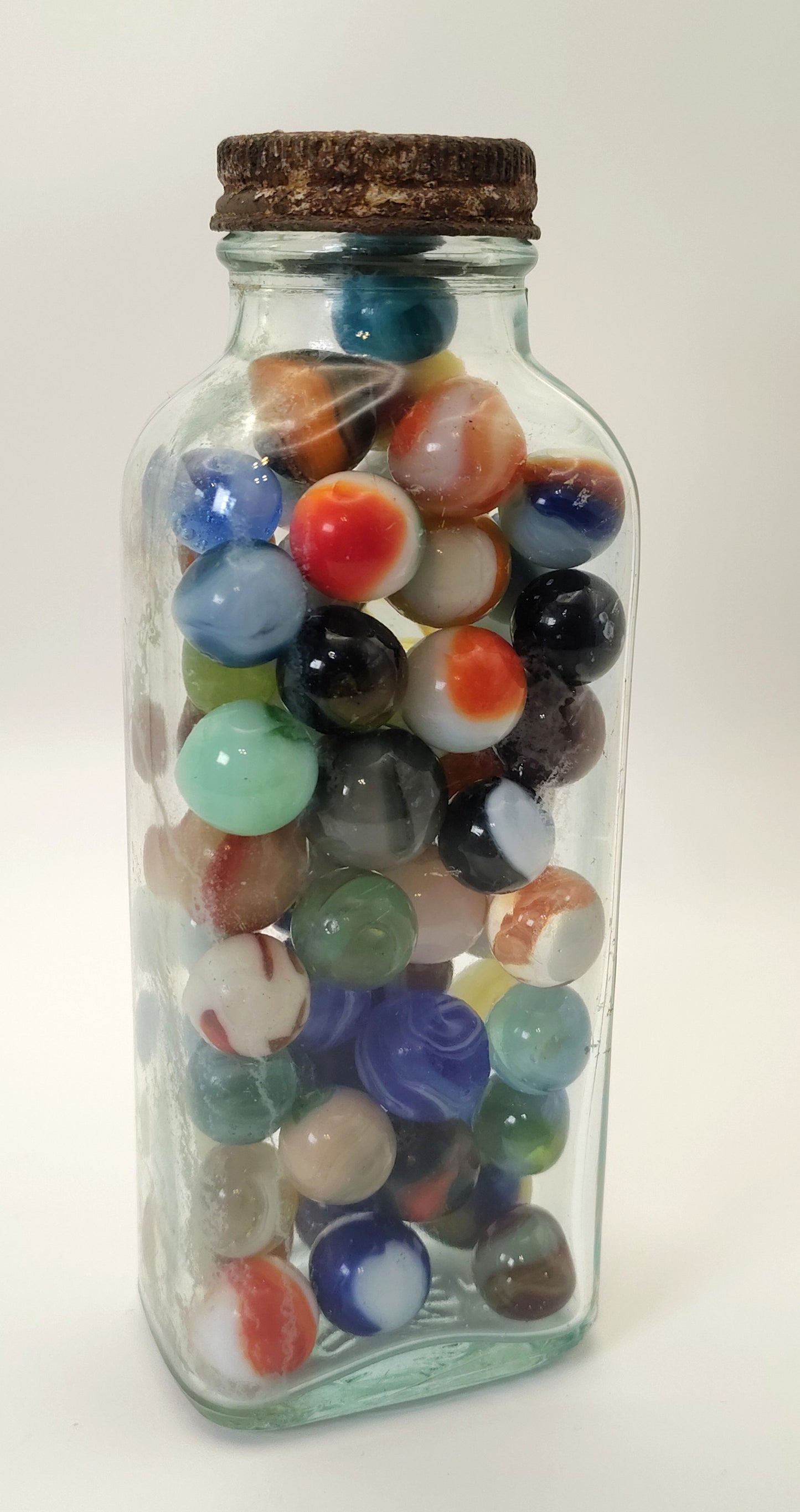 1.5lb Vintage Marbles (Good-Collectible) in Vintage "Omnis Orbus" medicine bottle