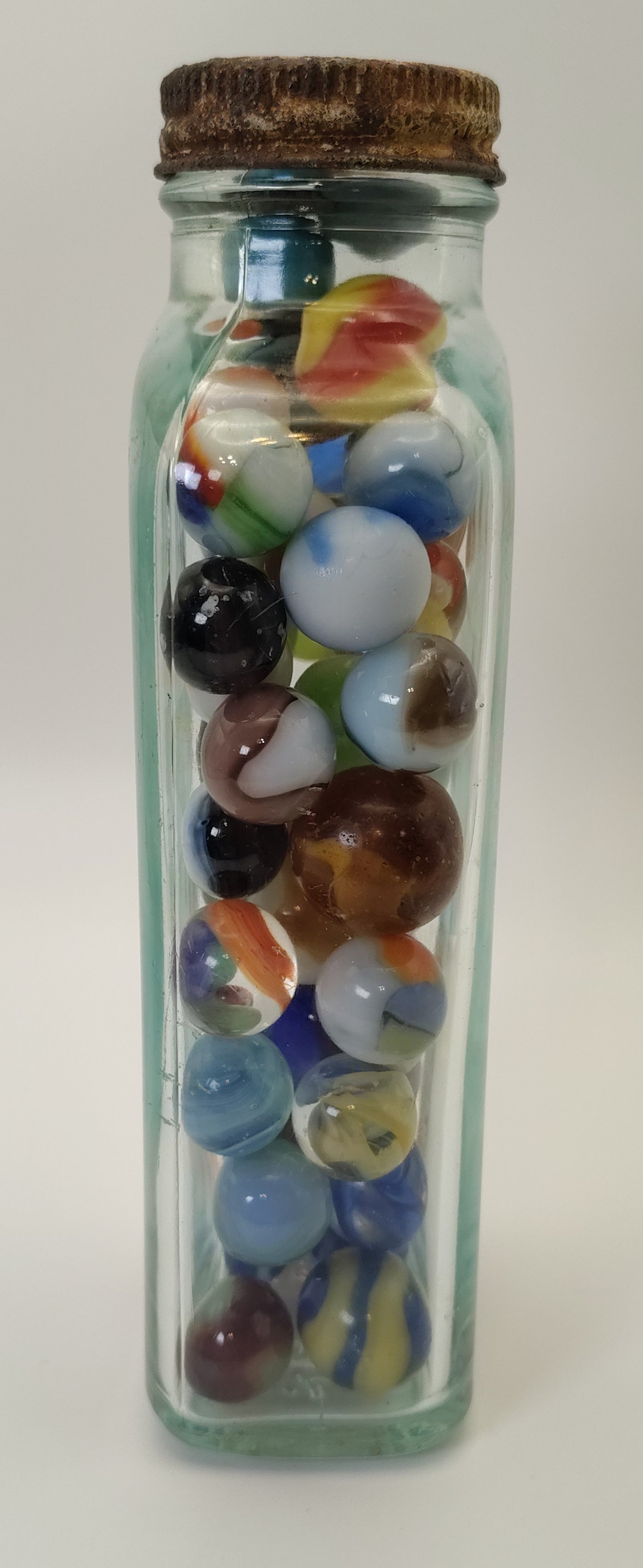 1.5lb Vintage Marbles (Good-Collectible) in Vintage "Omnis Orbus" medicine bottle