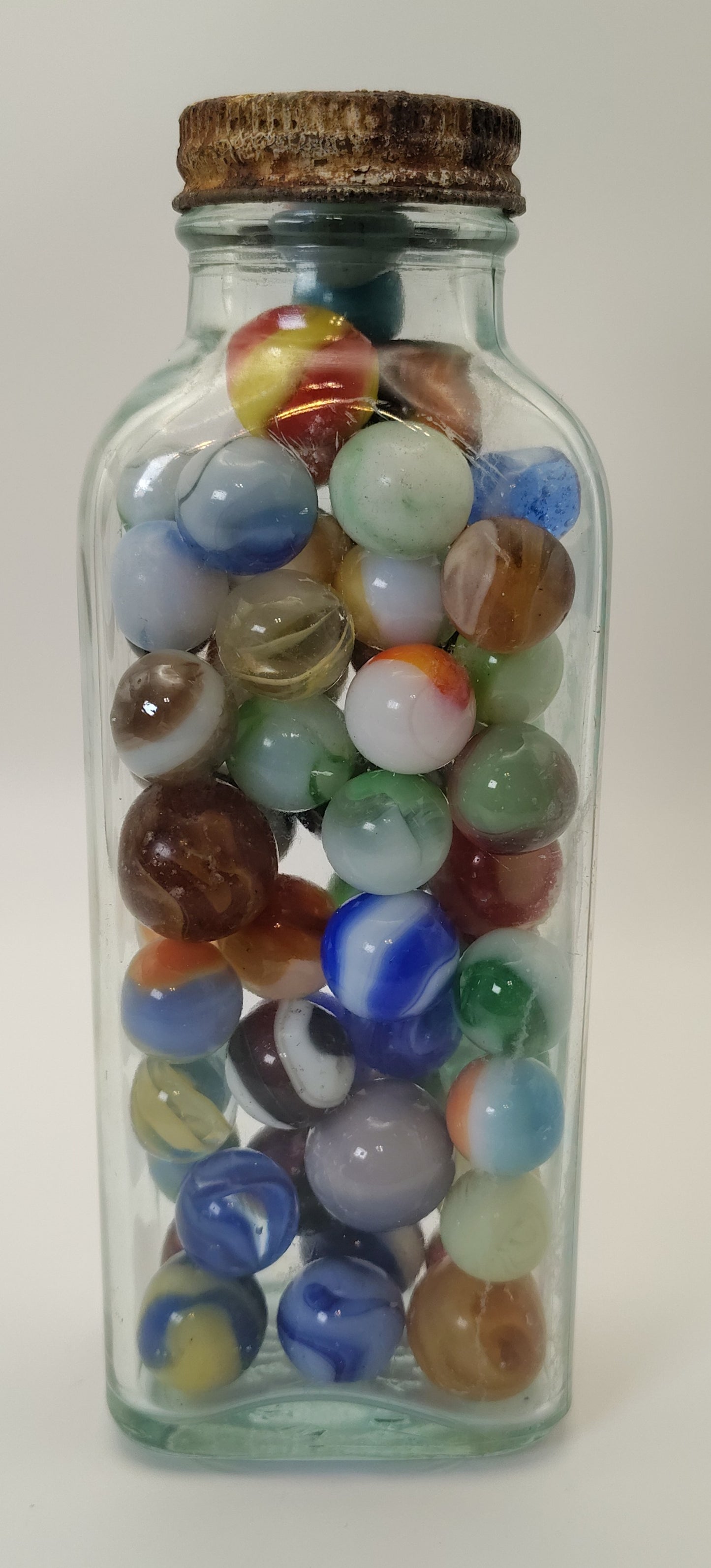 1.5lb Vintage Marbles (Good-Collectible) in Vintage "Omnis Orbus" medicine bottle