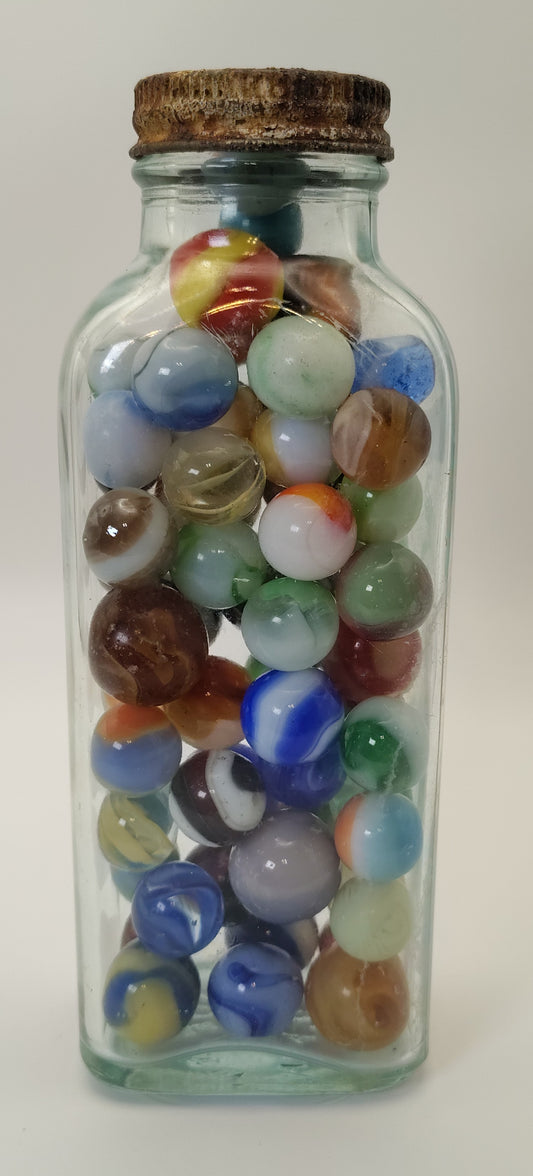1.5lb Vintage Marbles (Good-Collectible) in Vintage "Omnis Orbus" medicine bottle