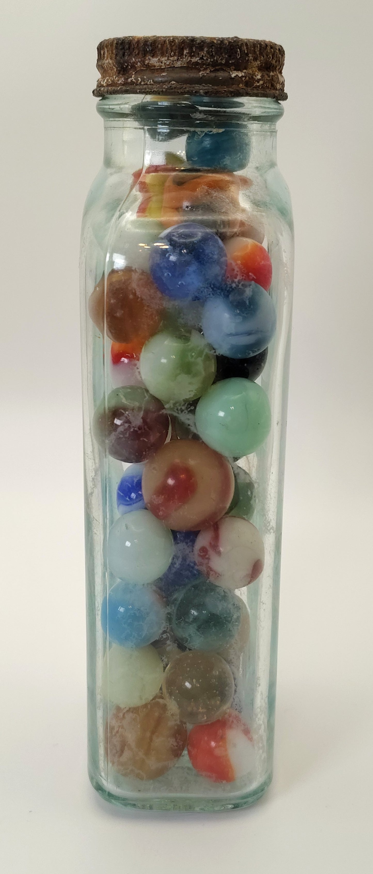 1.5lb Vintage Marbles (Good-Collectible) in Vintage "Omnis Orbus" medicine bottle