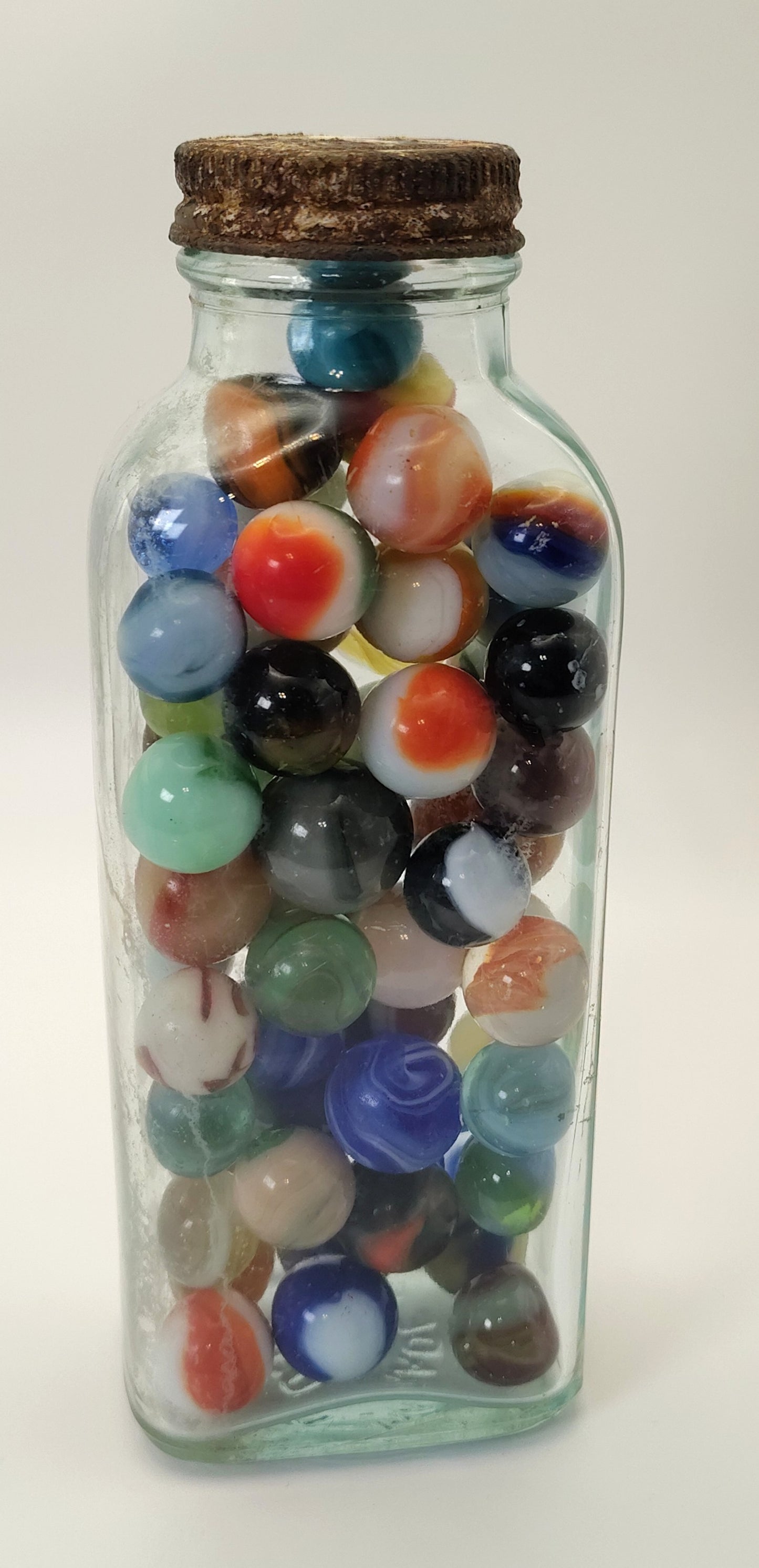 1.5lb Vintage Marbles (Good-Collectible) in Vintage "Omnis Orbus" medicine bottle