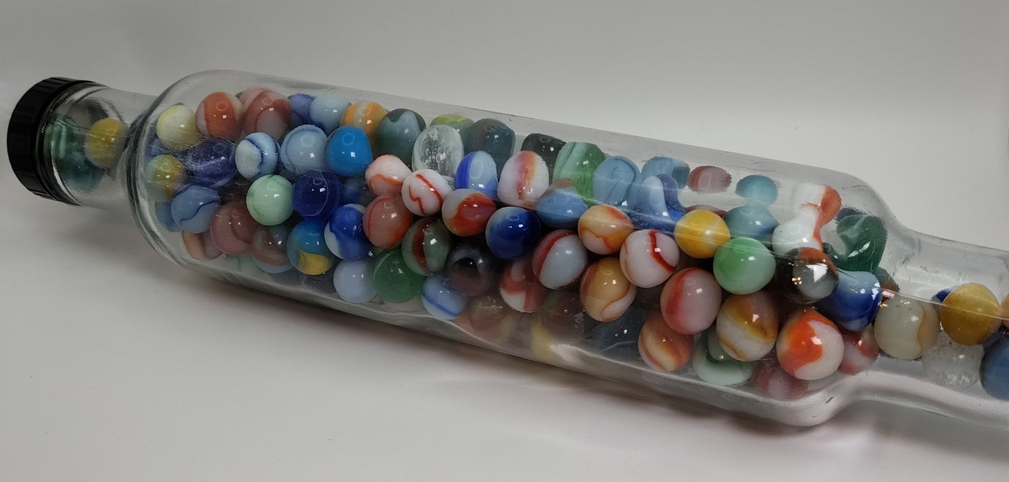 Almost 2.5lbs - ALL PELTIER RAINBO marbles in vintage glass rolling pin NM-M