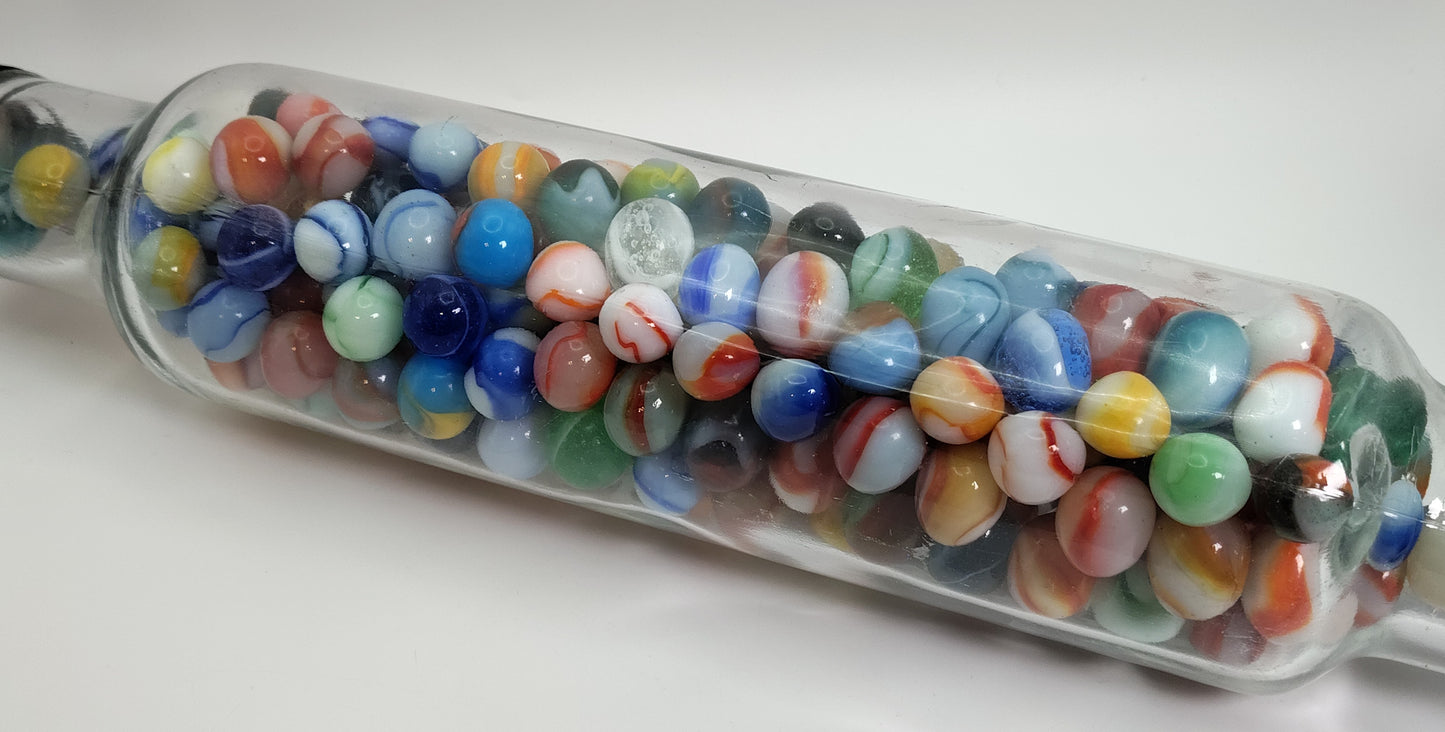 Almost 2.5lbs - ALL PELTIER RAINBO marbles in vintage glass rolling pin NM-M