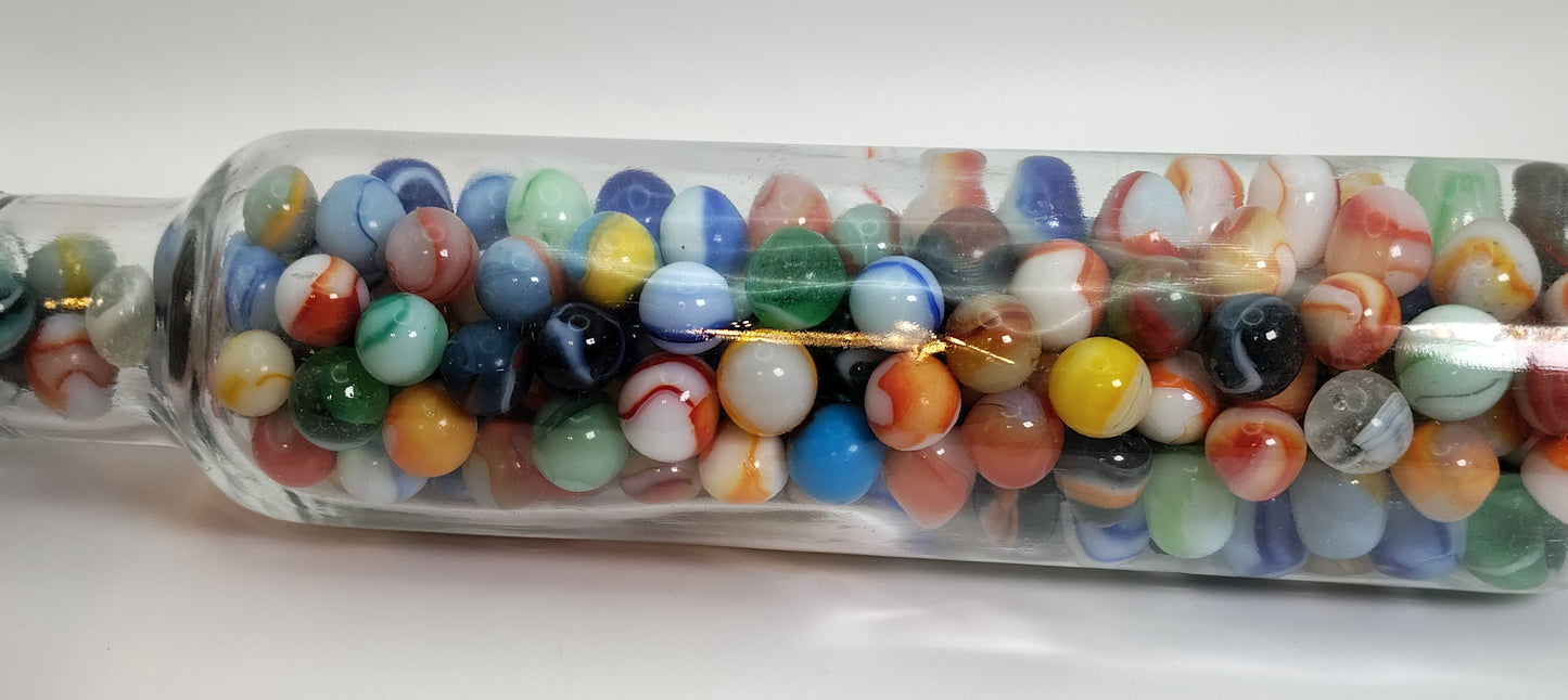 Almost 2.5lbs - ALL PELTIER RAINBO marbles in vintage glass rolling pin NM-M