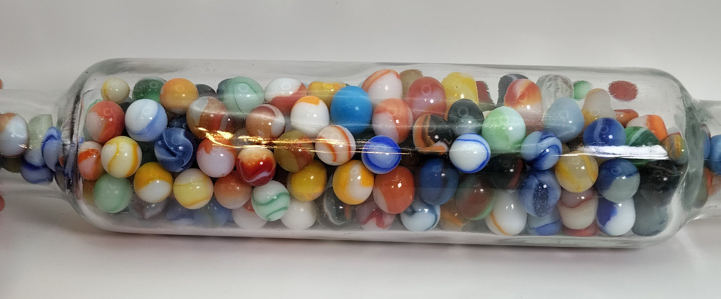 Almost 2.5lbs - ALL PELTIER RAINBO marbles in vintage glass rolling pin NM-M