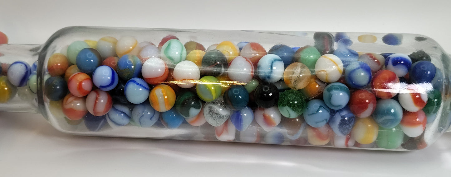 Almost 2.5lbs - ALL PELTIER RAINBO marbles in vintage glass rolling pin NM-M