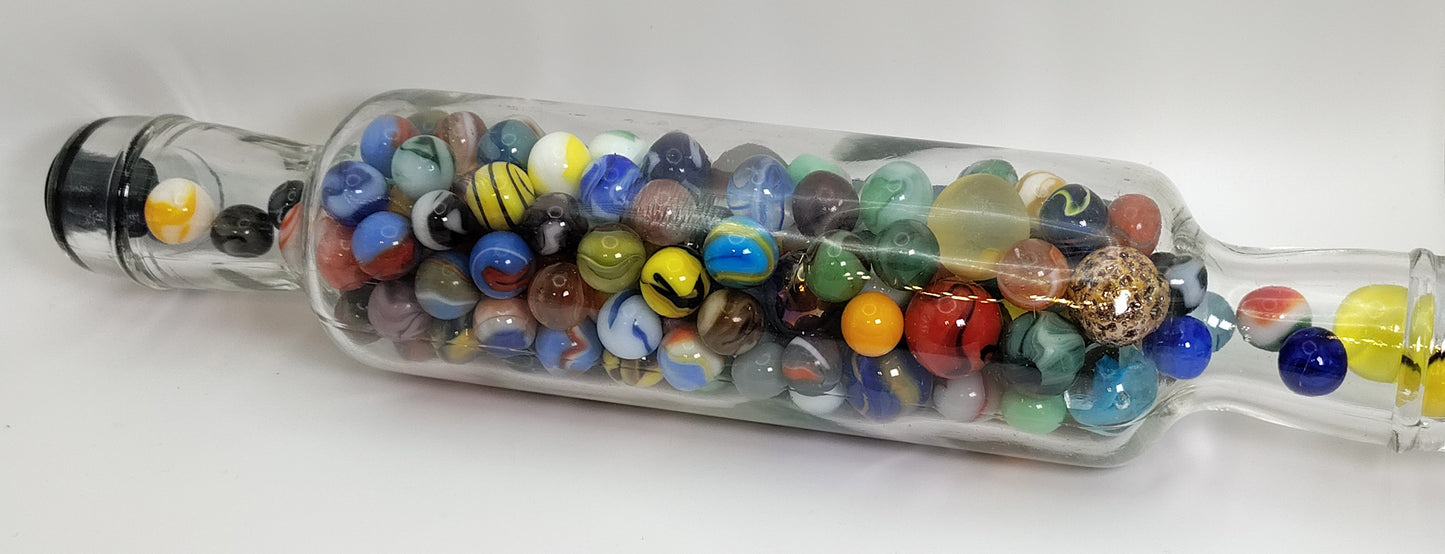2.5lbs of Vintage & Contemporary Marbles in a glass rolling pin NM-M