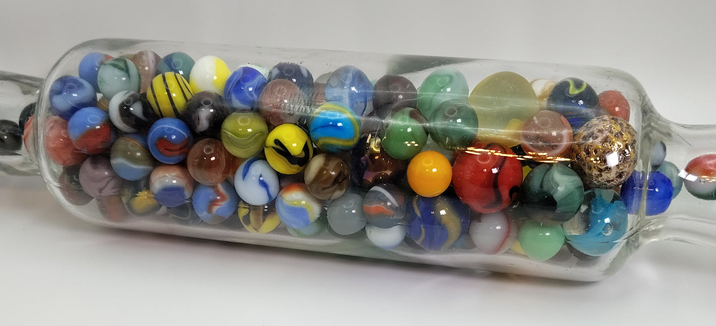 2.5lbs of Vintage & Contemporary Marbles in a glass rolling pin NM-M