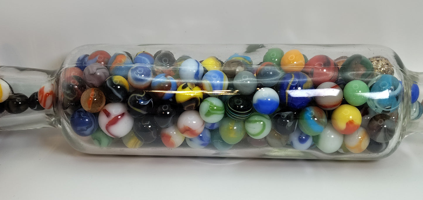 2.5lbs of Vintage & Contemporary Marbles in a glass rolling pin NM-M