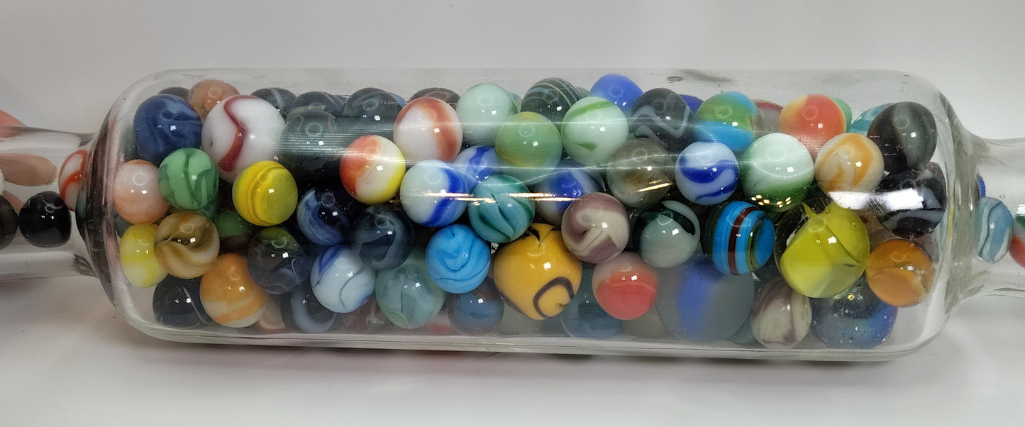 2.5lbs of Vintage & Contemporary Marbles in a glass rolling pin NM-M