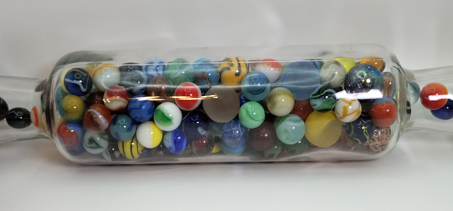 2.5lbs of Vintage & Contemporary Marbles in a glass rolling pin NM-M