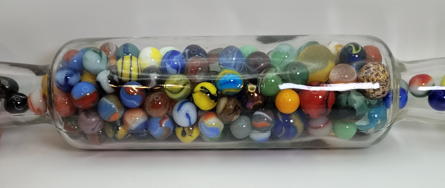 2.5lbs of Vintage & Contemporary Marbles in a glass rolling pin NM-M