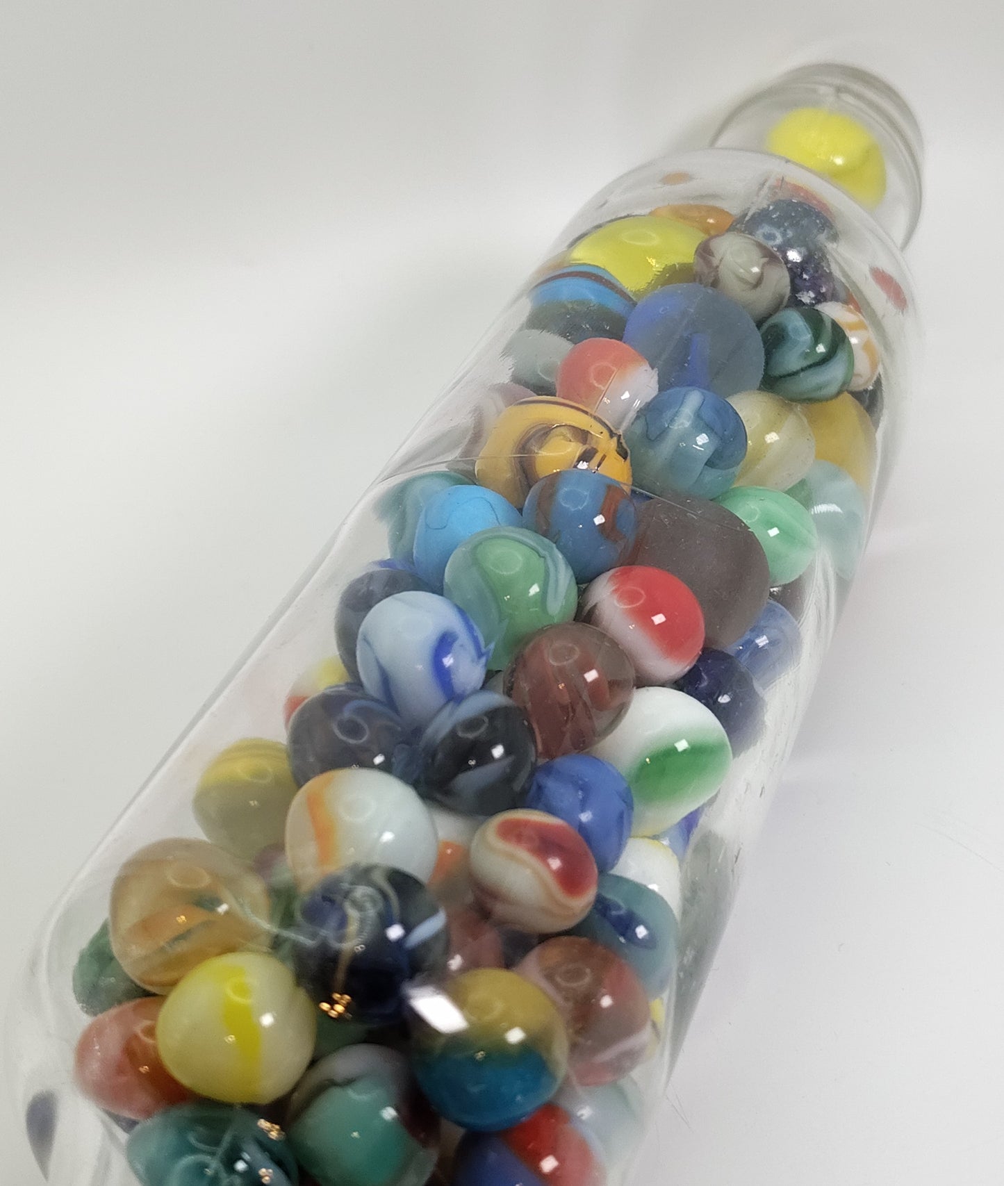 2.5lbs of Vintage & Contemporary Marbles in a glass rolling pin NM-M