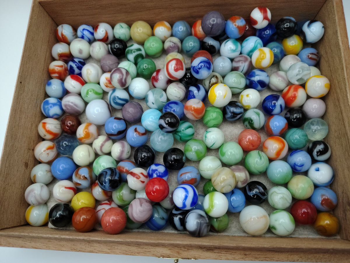 Almost 3lbs of a Variety of Swirl Marbles in a cigar box!  NM-M