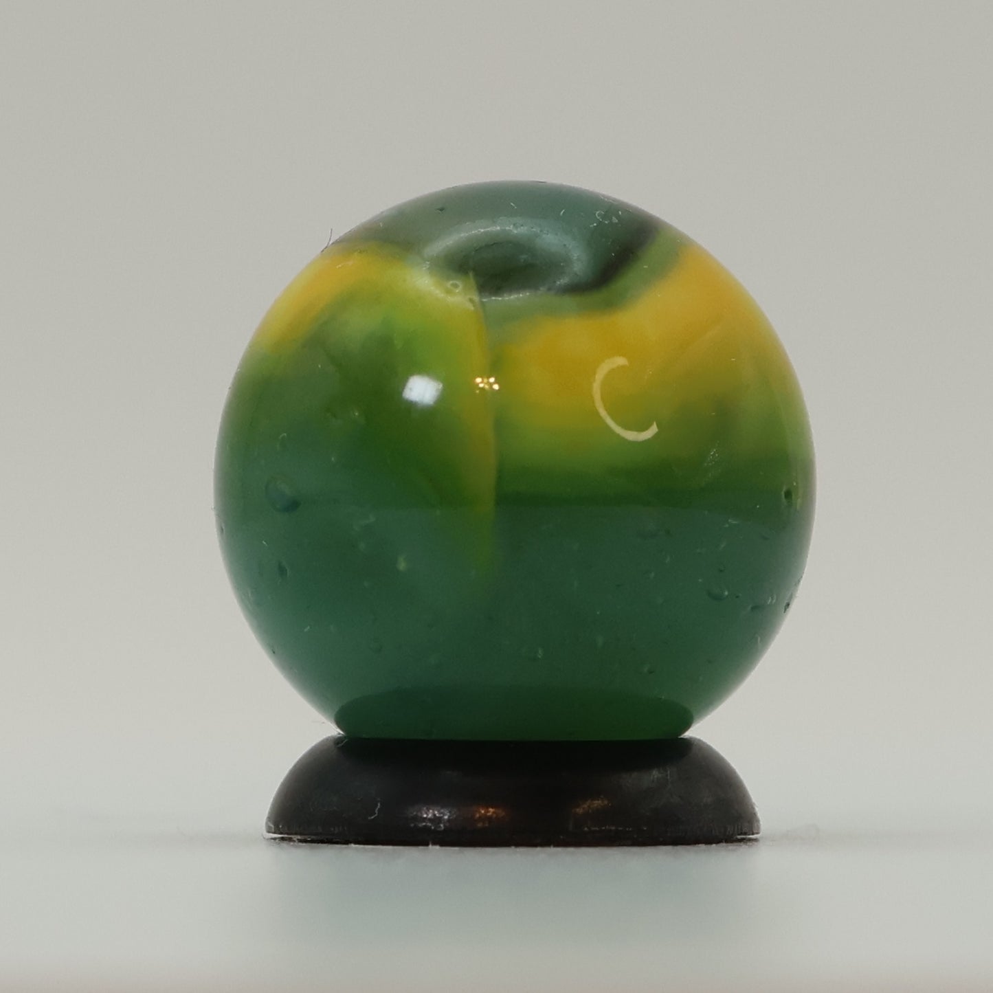5/8" Vintage Peltier Rainbo Marble Translucent Green w/yellow & Black Ribbons NM++