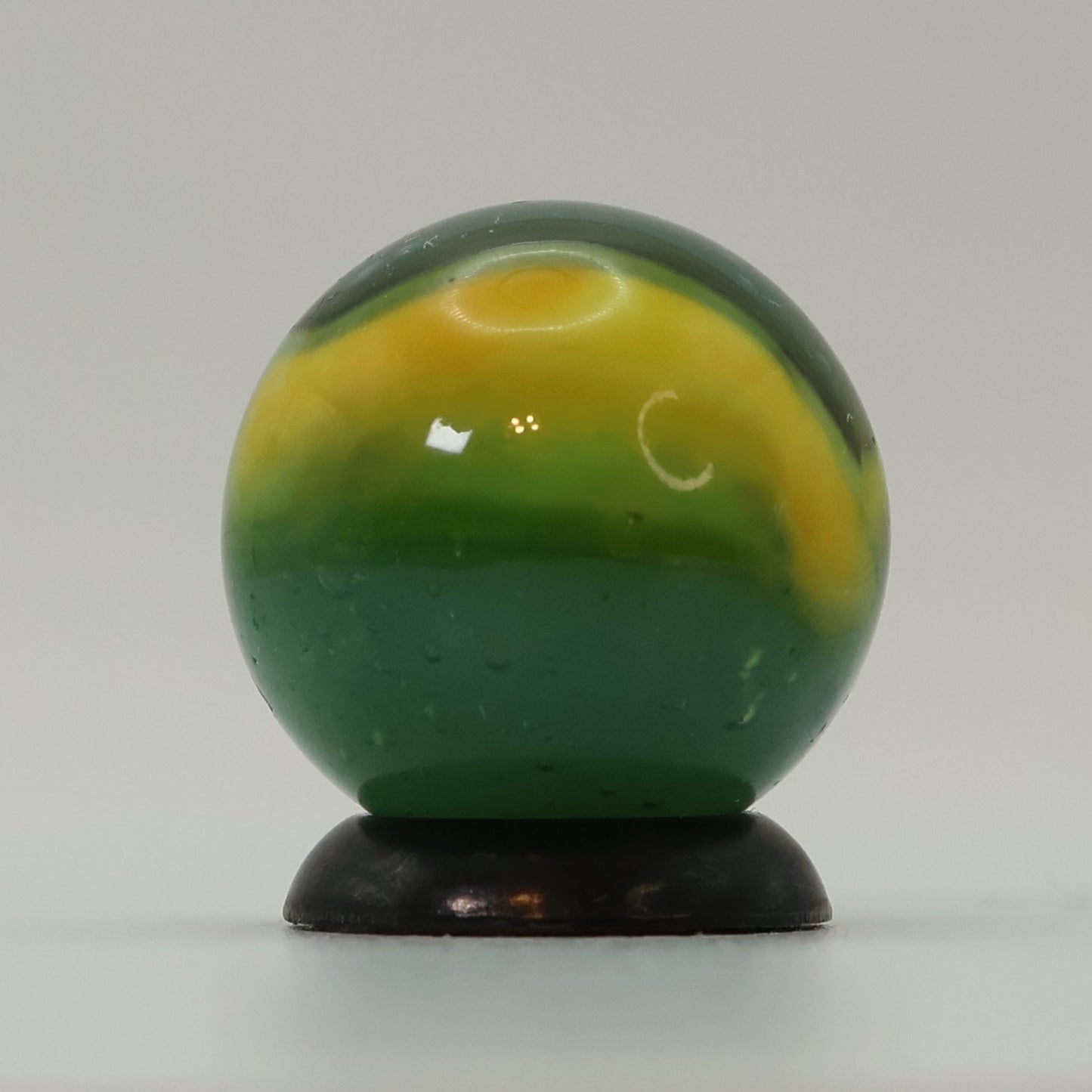 5/8" Vintage Peltier Rainbo Marble Translucent Green w/yellow & Black Ribbons NM++