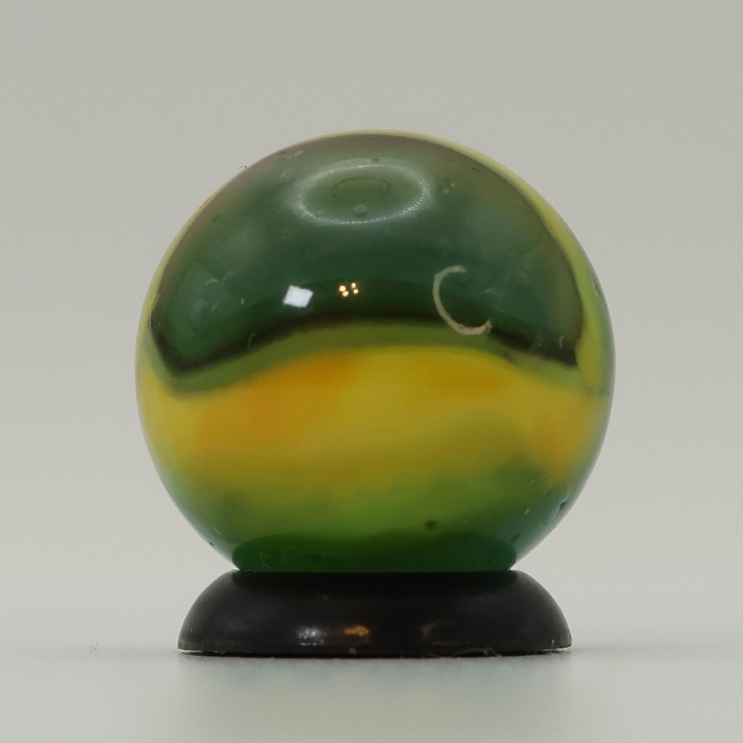 5/8" Vintage Peltier Rainbo Marble Translucent Green w/yellow & Black Ribbons NM++