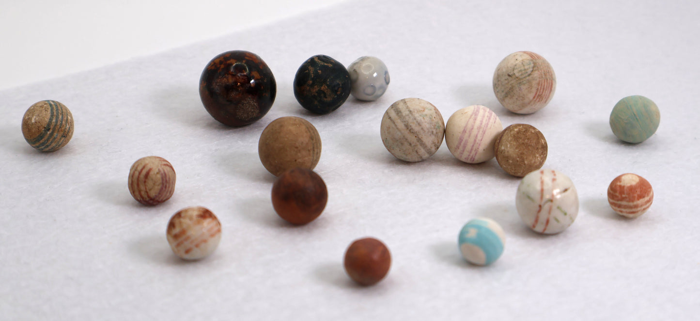 17pcs 7/16" - 7/8" Variety Bennington & China Marbles some glazed some not NM