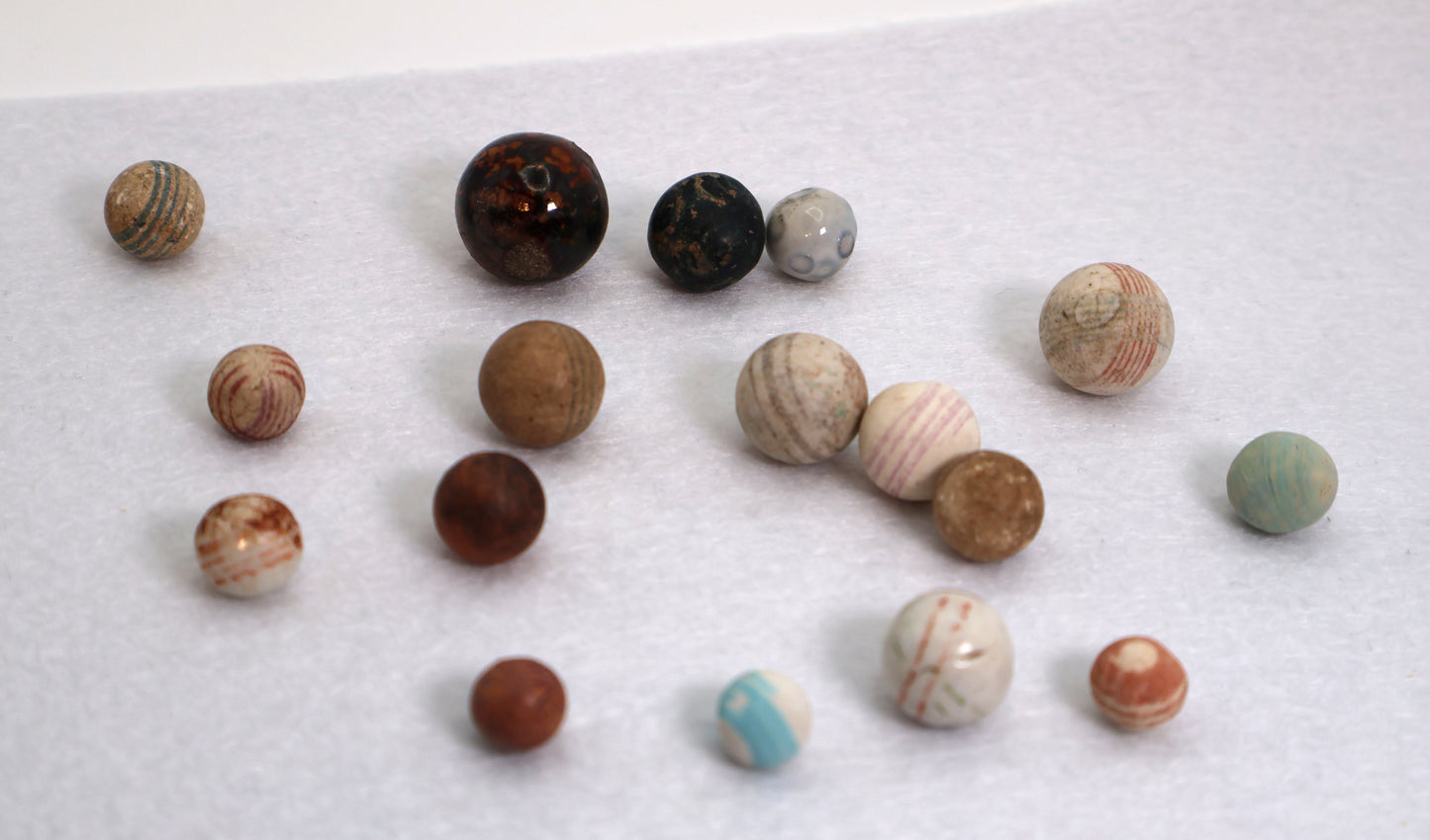 17pcs 7/16" - 7/8" Variety Bennington & China Marbles some glazed some not NM