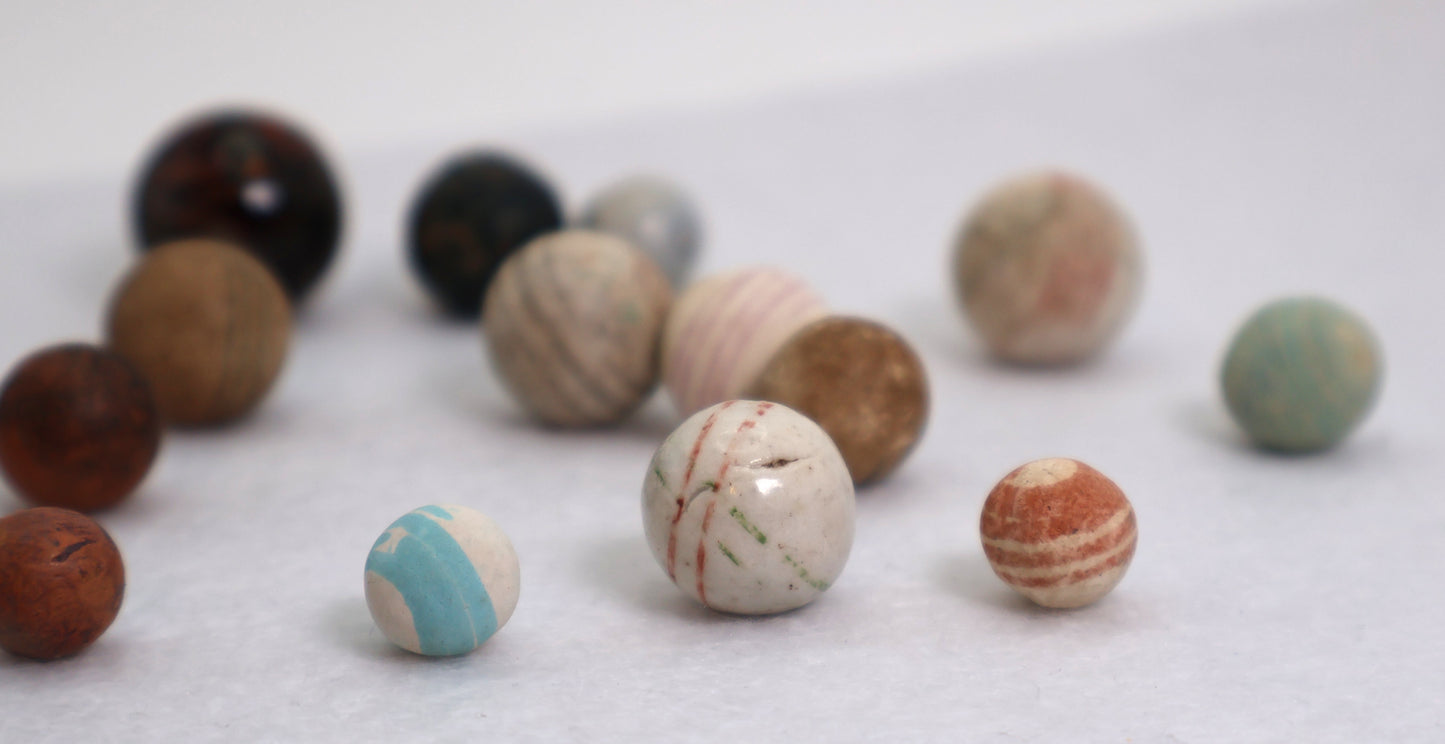 17pcs 7/16" - 7/8" Variety Bennington & China Marbles some glazed some not NM