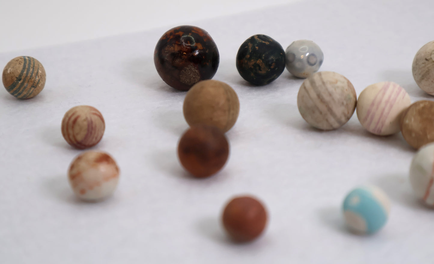17pcs 7/16" - 7/8" Variety Bennington & China Marbles some glazed some not NM