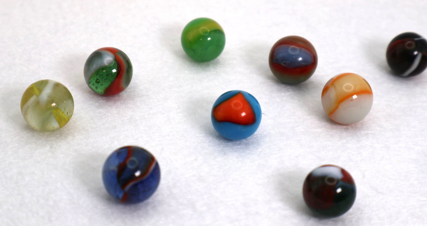 11pcs 5/8" Variety Mix Peltier Patches and Rainbo Marbles NM- to M