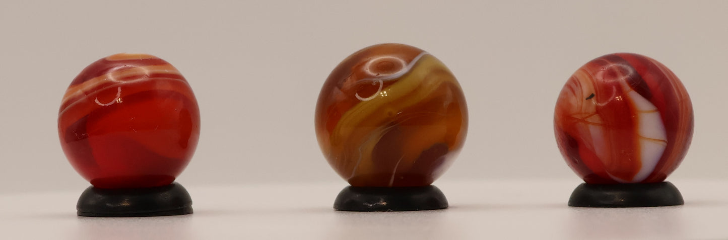 5/8" to 11/16" 3pk of Slag Marbles Amber & Red Drizzle  & 9 pattern NM+ to M
