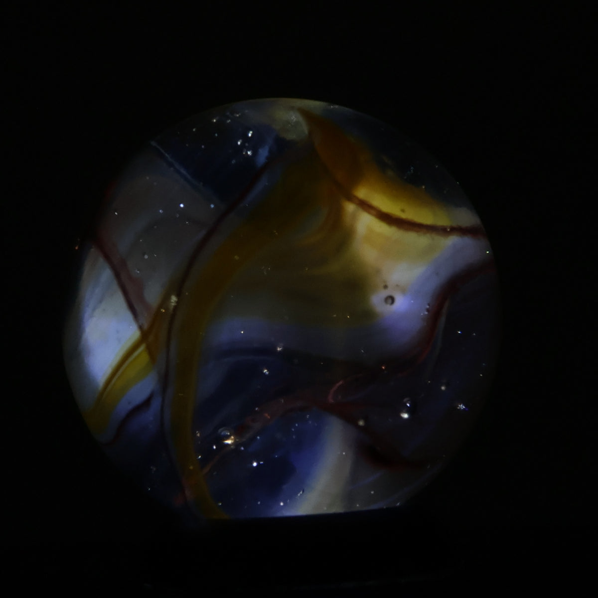 11/16" Swirl Marble Clear Base Yellow & Red (oxblood?) URANIUM gorgeous NM+