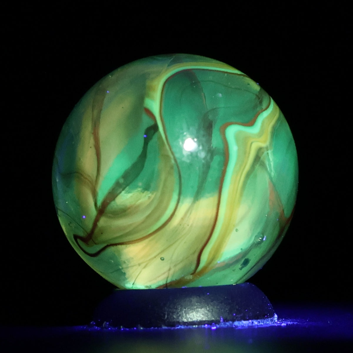 11/16" Swirl Marble Clear Base Yellow & Red (oxblood?) URANIUM gorgeous NM+