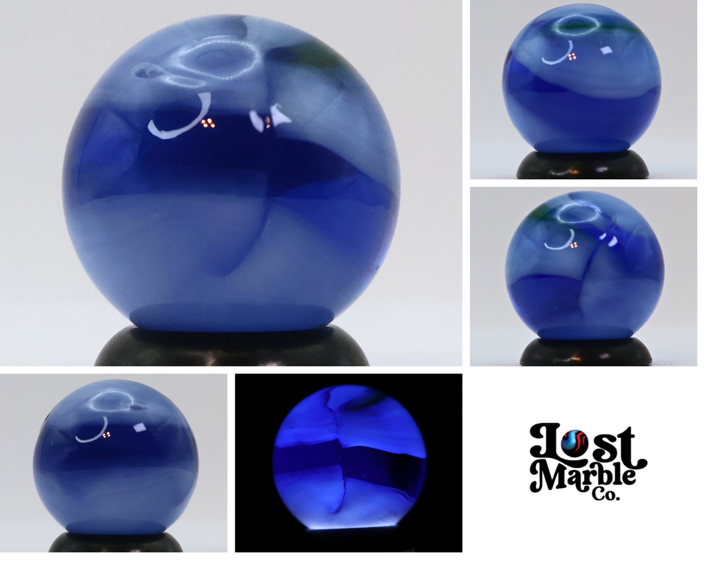 5/8" Marble King Translucent Cobalt Blue Base w/ White Ribbons M-