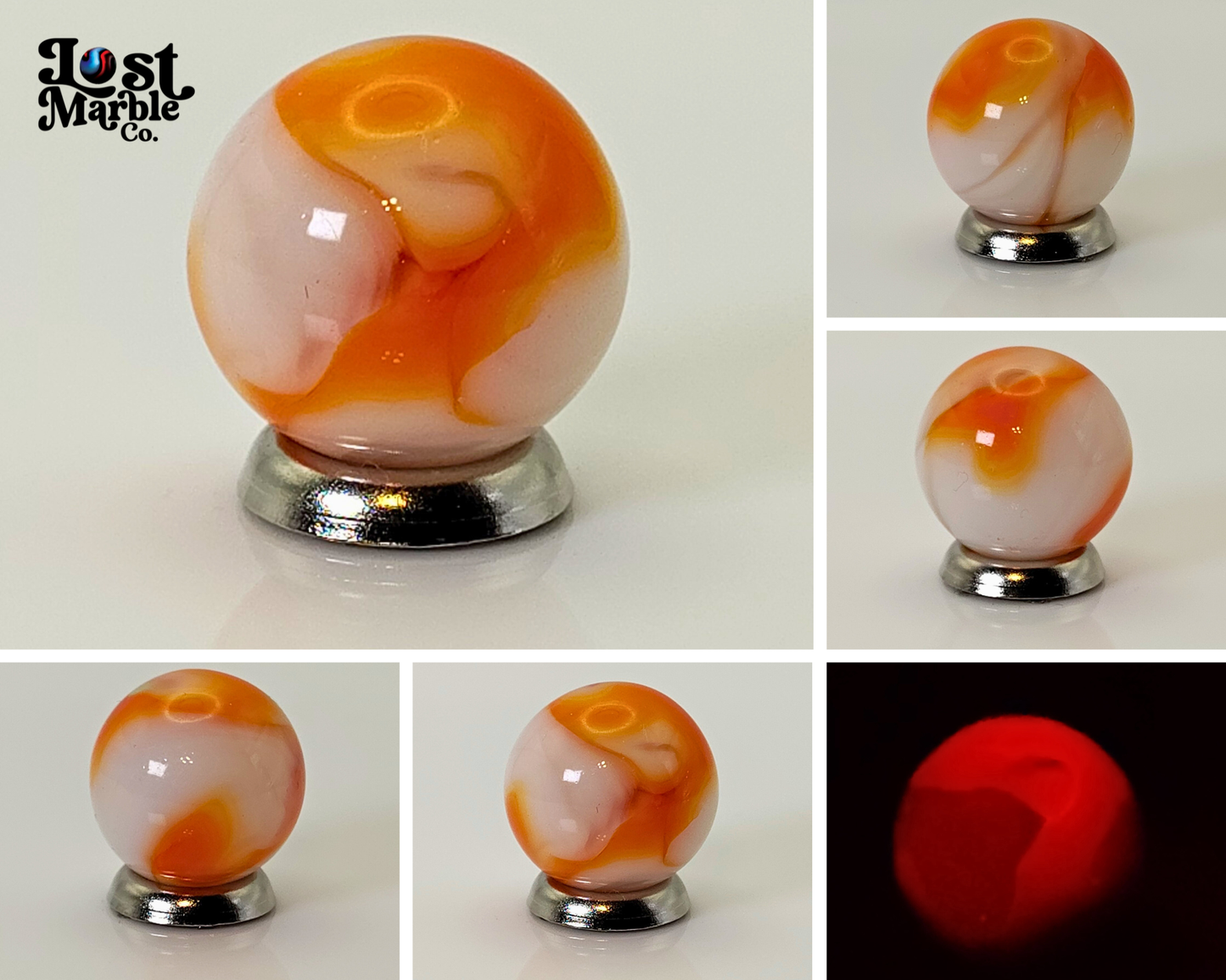 5/8" Swirl Marble Orange & White on Clear Base UV Mint