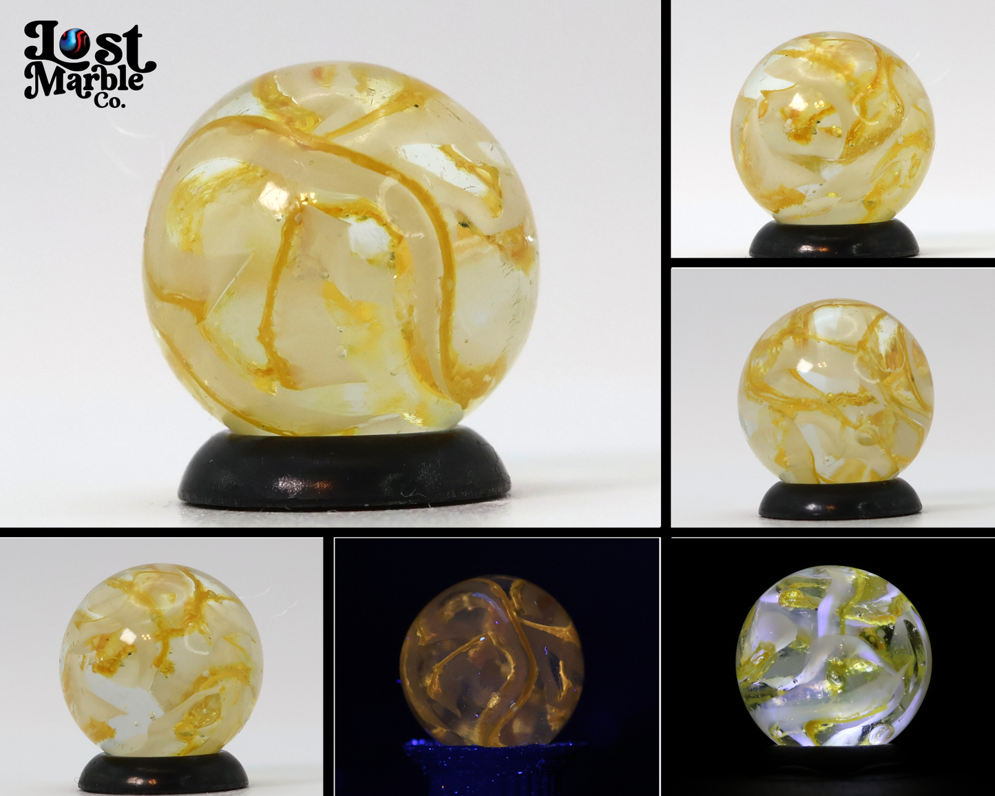 5/8" VINTAGE Veiligglas Marble Orange & White Ribbons UV MINT
