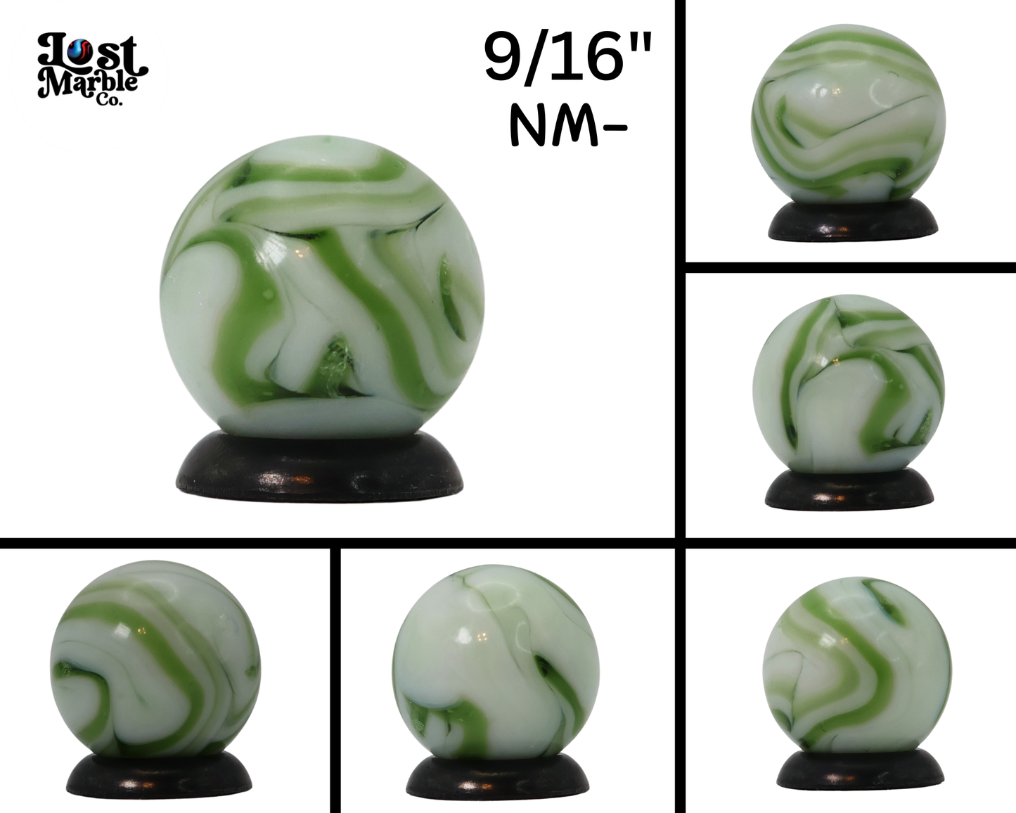 9/16" Swirl Marble White Base with Translucent Green Ribbons NM-