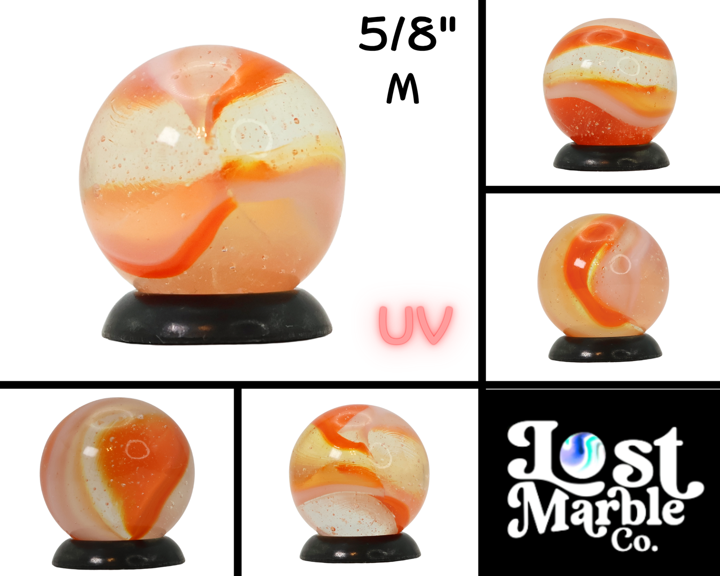 5/8" Peltier Clear Base Rainbo Marble Orange & White MINT UV