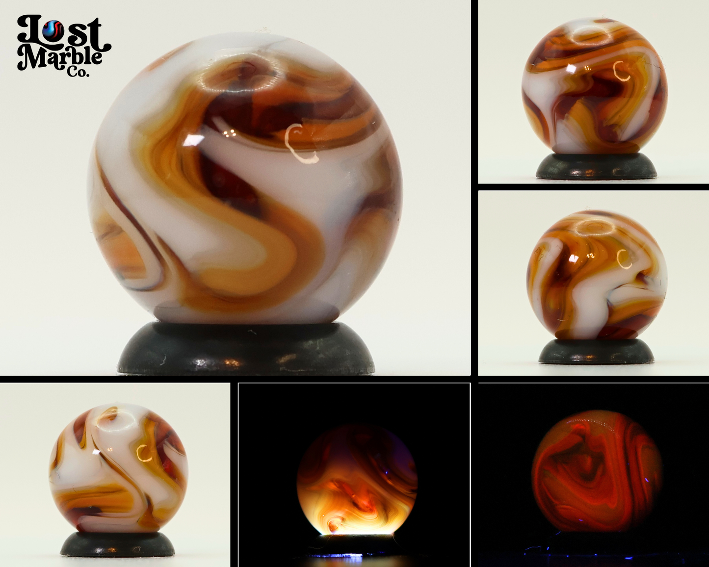 5/8" Gorgeous Swirl Marble Translucent amber base with white ribbons MINT