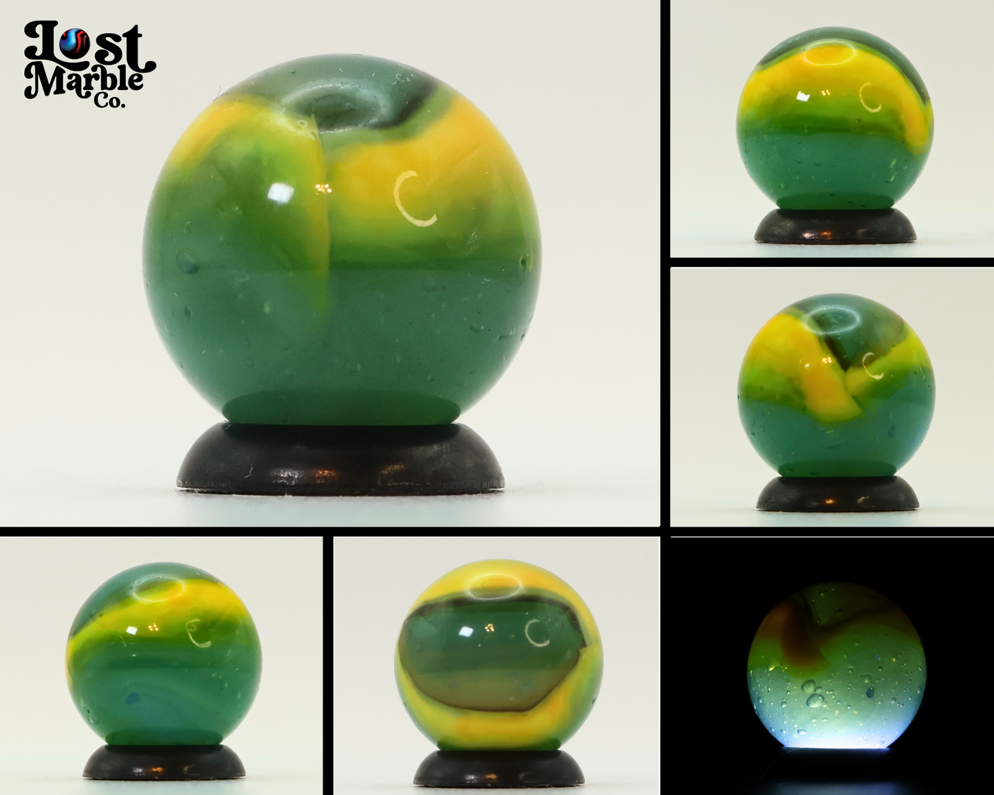 5/8" Vintage Peltier Rainbo Marble Translucent Green w/yellow & Black Ribbons NM++