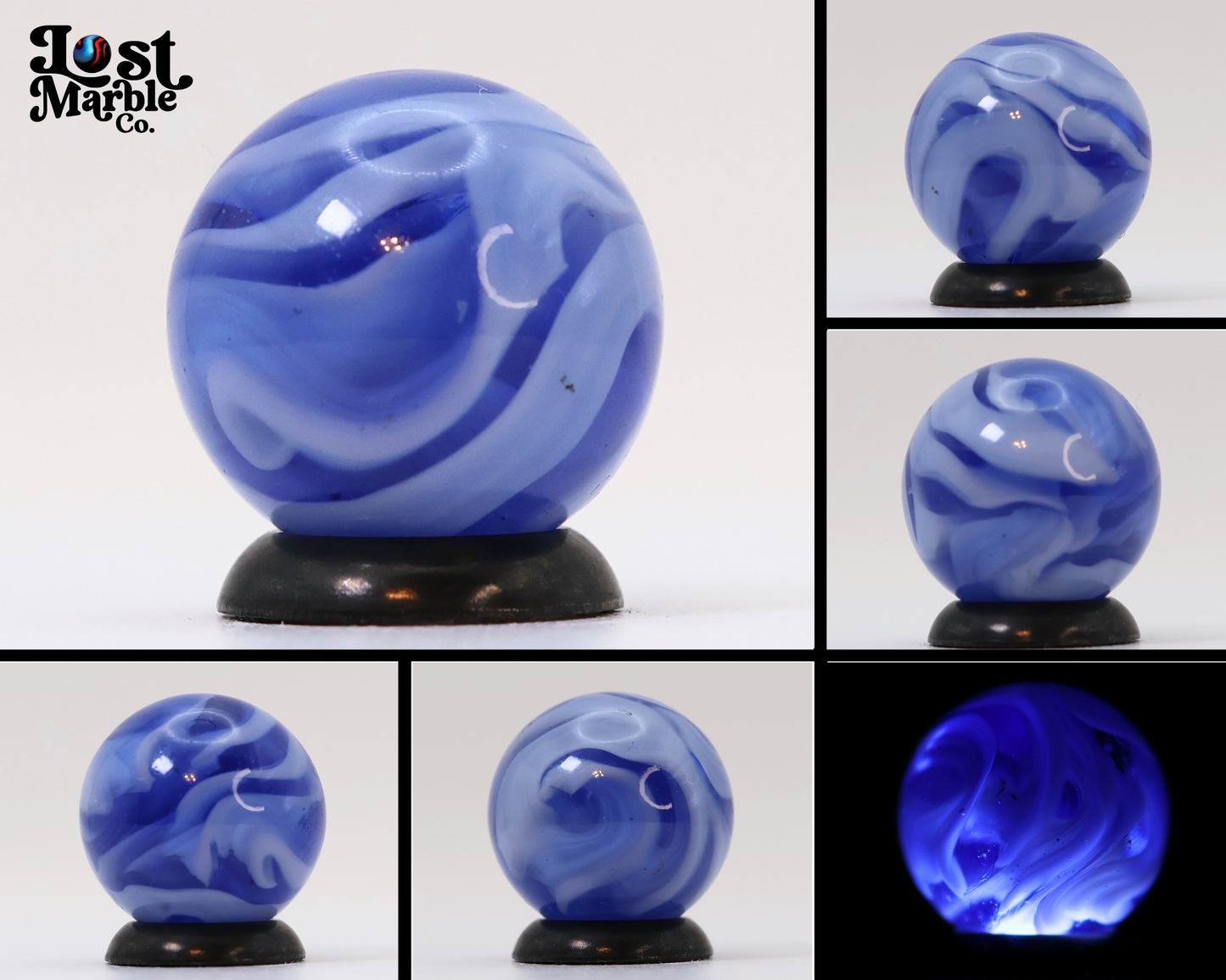5/8" Busy Swirl Marble Translucent Blue with White Ribbons NM+