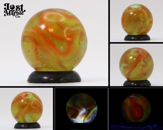 5/8" Swirl (possible wire pull) Marble Clear Base Orange & Yellow Ribbons UV NM+