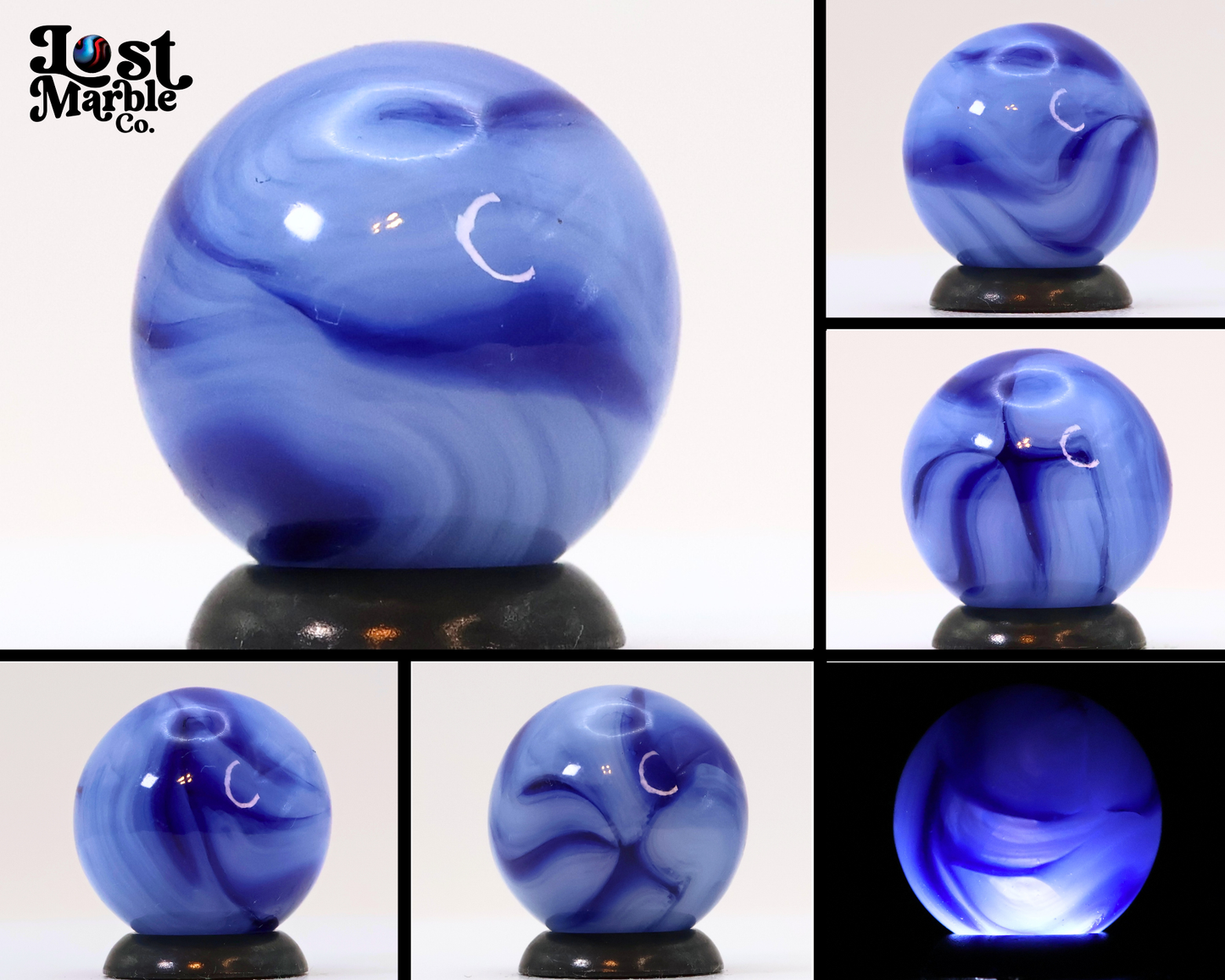 5/8" Translucent Base Marble with feathered wispy white & cobalt ribbons M-