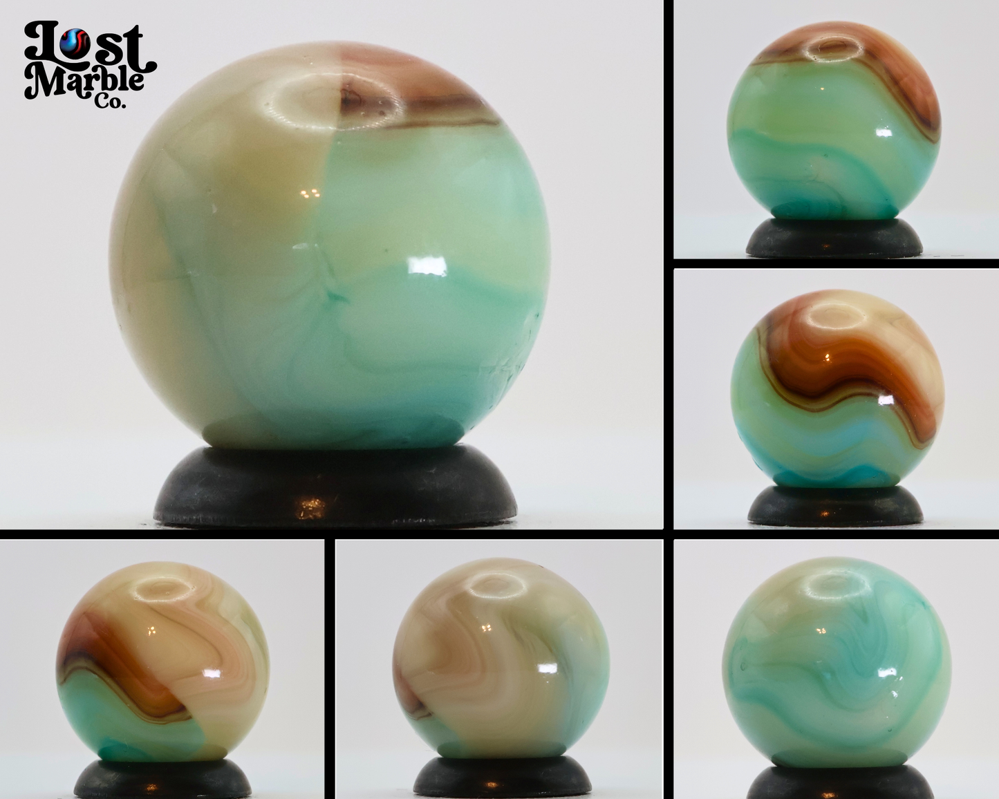 5/8" Vintage Vitro Agate Aquamarine Marble w/strip of Oxblood NM-
