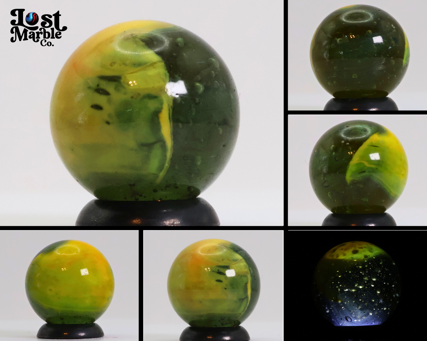 11/16" Patch Marble - translucent seedy green with brushed yellow patch M-
