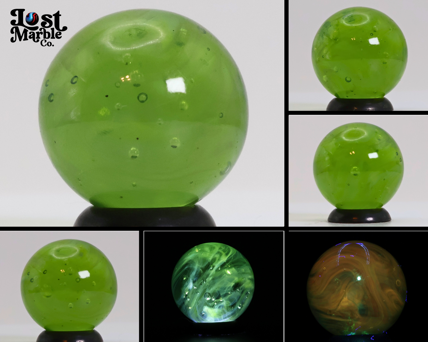 3/4" Green Wire Pull Marble UV glows Orange, gorgeous backlit photo MINT